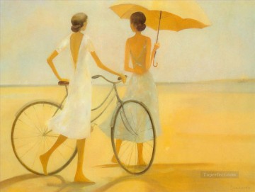 ビーチで自転車を持つ女性 Oil Paintings